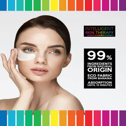 Woman applying a patch to her face with 'Intelligent Skin Therapy' branding and product features.