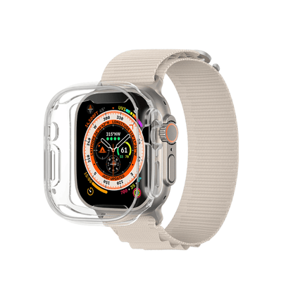 Smartwatch with a clear case and beige band on a white background