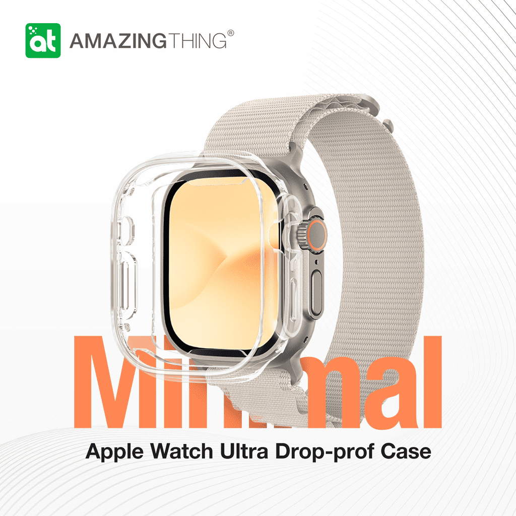 Apple Watch Ultra with a clear drop-proof case on a white background, featuring the 'Amazing Thing' brand.