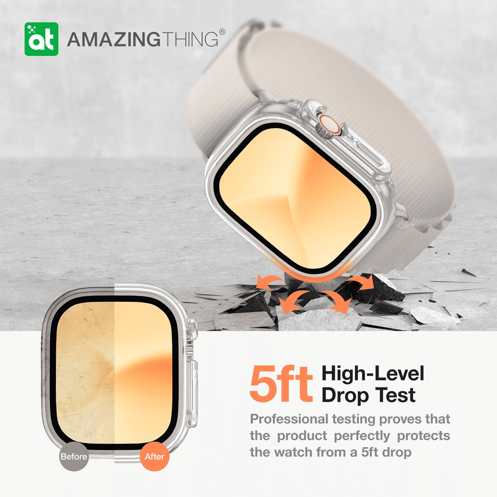 Smartwatch with screen protector, shattered glass, and 'Amazing Thing' branding.