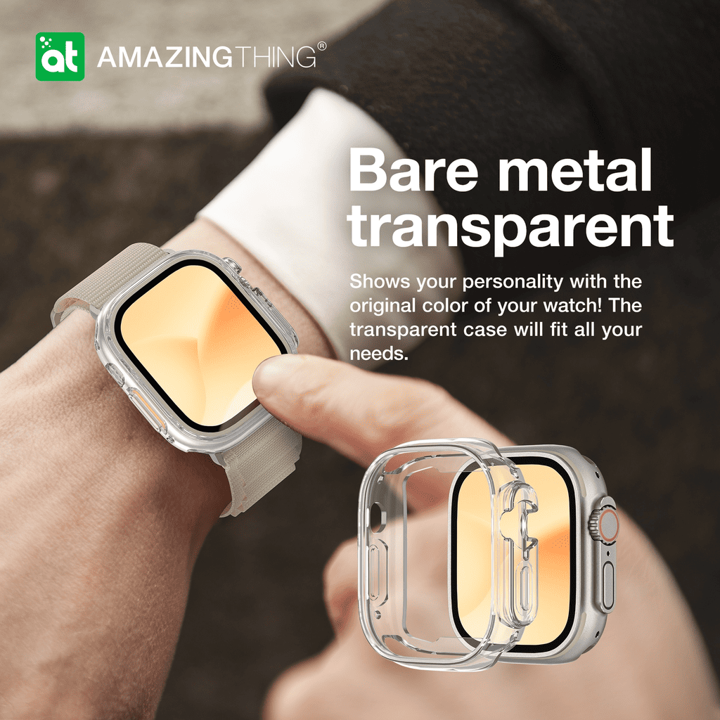 Transparent watch case being held by a person with 'Amazing Thing' branding.