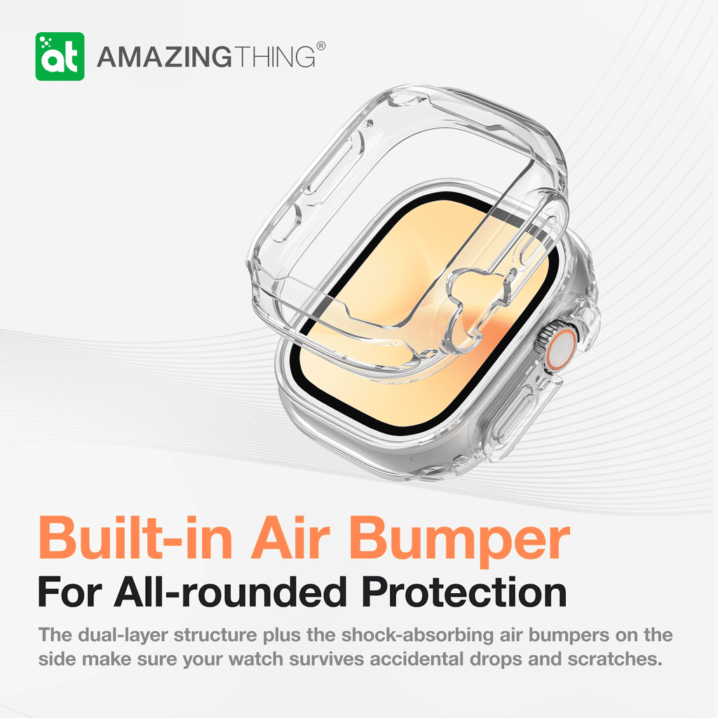 Smartwatch case with built-in air bumper on a white background, featuring the Amazing Thing brand.