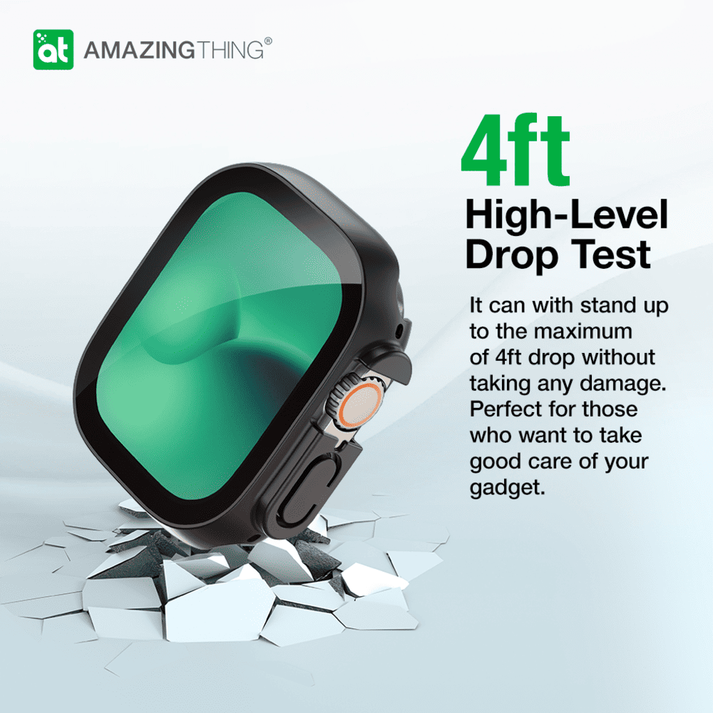 Smartphone with stand on破碎玻璃, featuring 'Amazing Thing' branding and text about drop test.