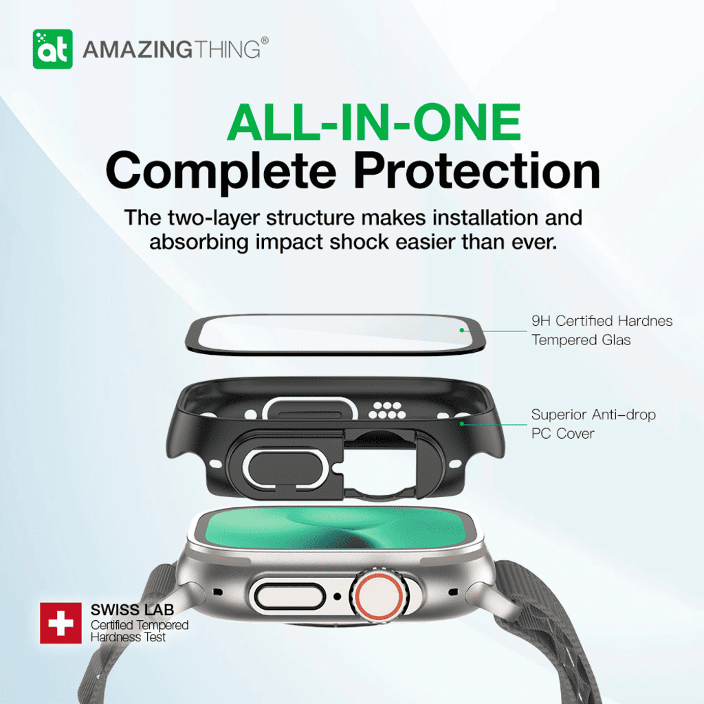 Smartwatch with protective case and screen protector, featuring 'Amazing Thing' branding.