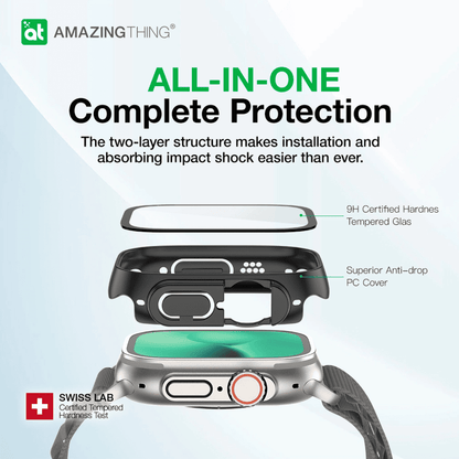 Smartwatch with protective case and screen protector, featuring 'Amazing Thing' branding.