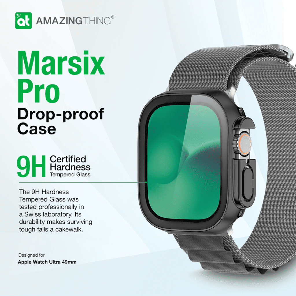 Smartwatch with a protective case on a white background, featuring the brand 'Amazing Thing'.