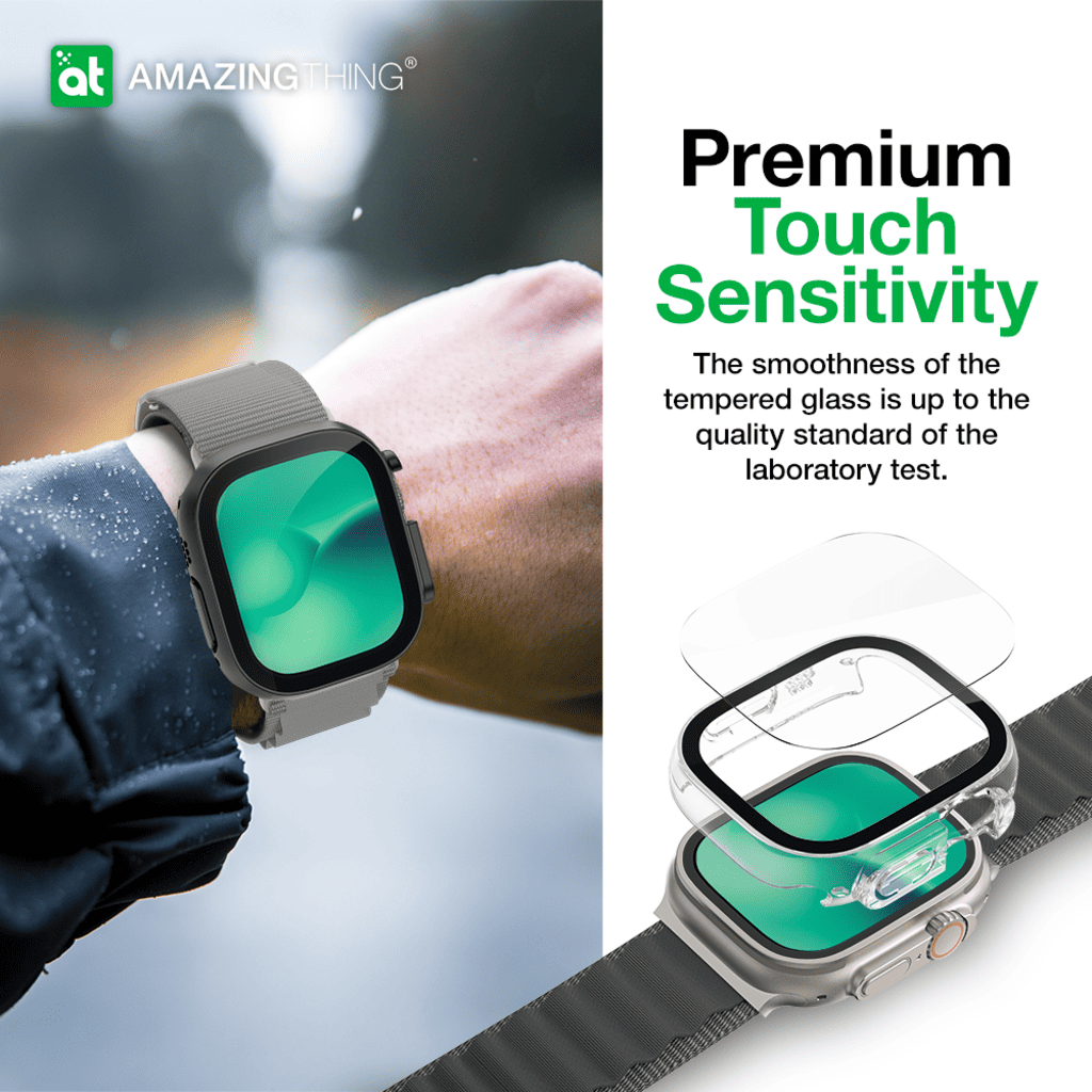 Smartwatch with a screen protector on a blurred background, featuring the brand 'Amazing Thing'.