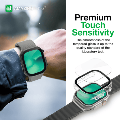 Smartwatch with a screen protector on a blurred background, featuring the brand 'Amazing Thing'.