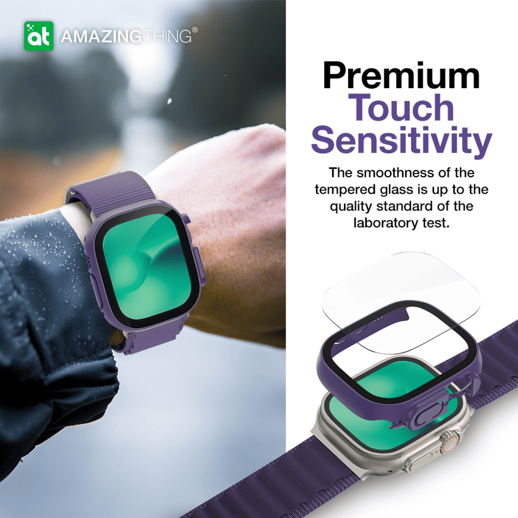 Smartwatch with a protective screen on a blurred background, featuring text about premium touch sensitivity.