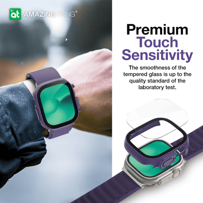 Smartwatch with a protective screen on a blurred background, featuring text about premium touch sensitivity.