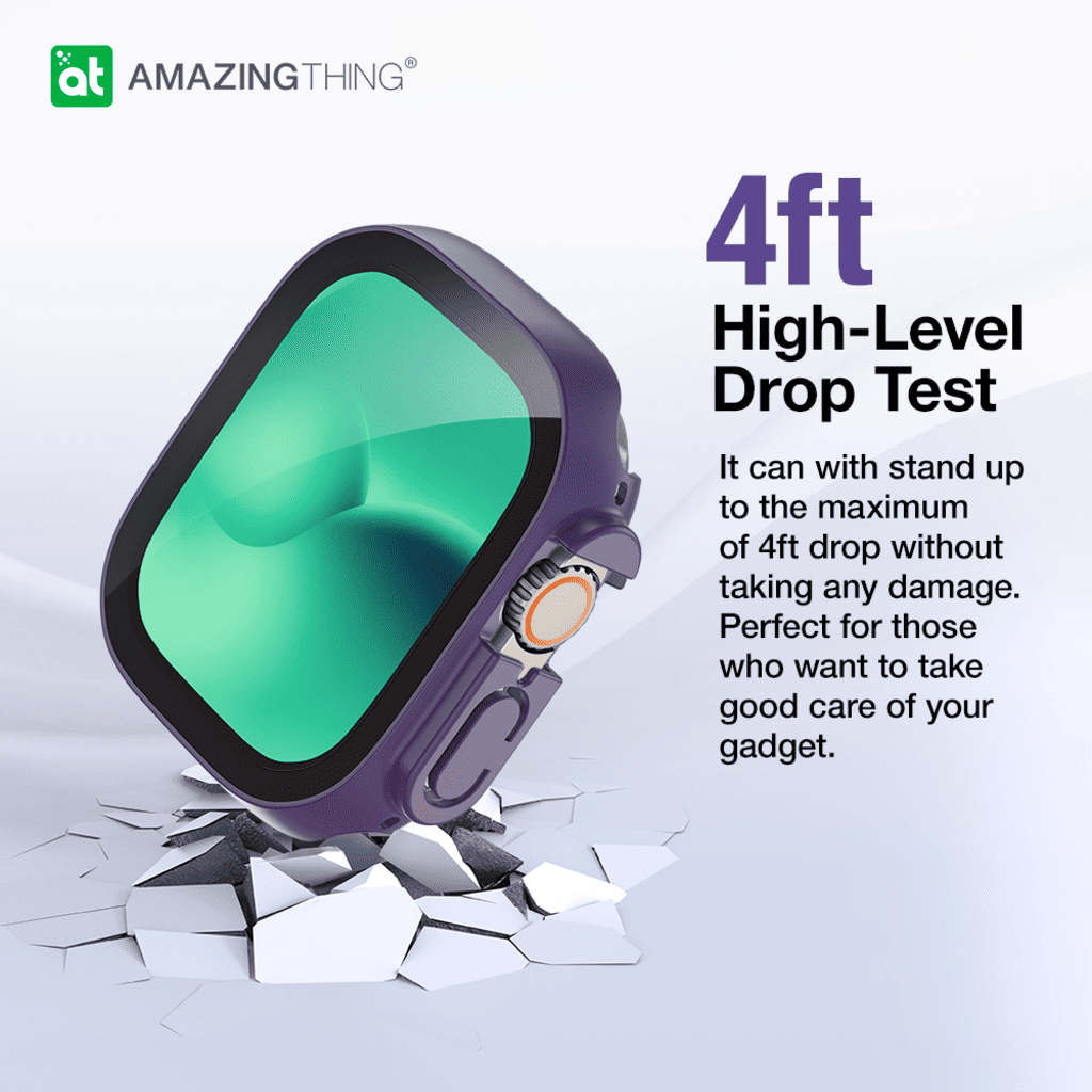 Phone case with screen protector on a stand, surrounded by shattered glass, against a white background with 'Amazing Thing' branding.