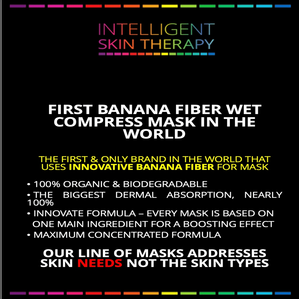 Advertisement for Intelligent Skin Therapy's banana fiber wet compress mask on a black background.