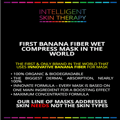 Advertisement for Intelligent Skin Therapy's banana fiber wet compress mask on a black background.