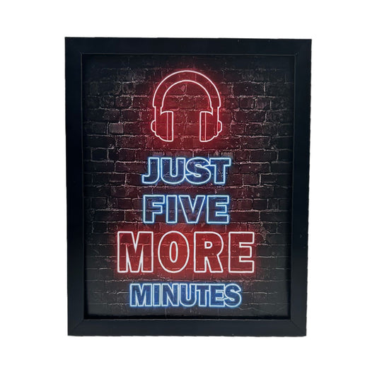 Vibrant Neon Game Wall Art with Frame - "Just Five More Minutes"