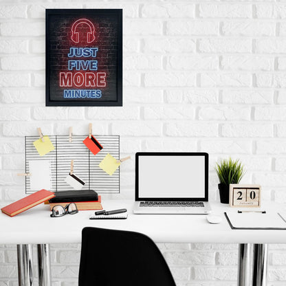 Vibrant Neon Game Wall Art with Frame - "Just Five More Minutes"