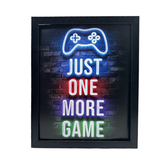 لوحة فنية جدارية لألعاب النيون النابضة بالحياة مع إطار - "Just One More Game"
