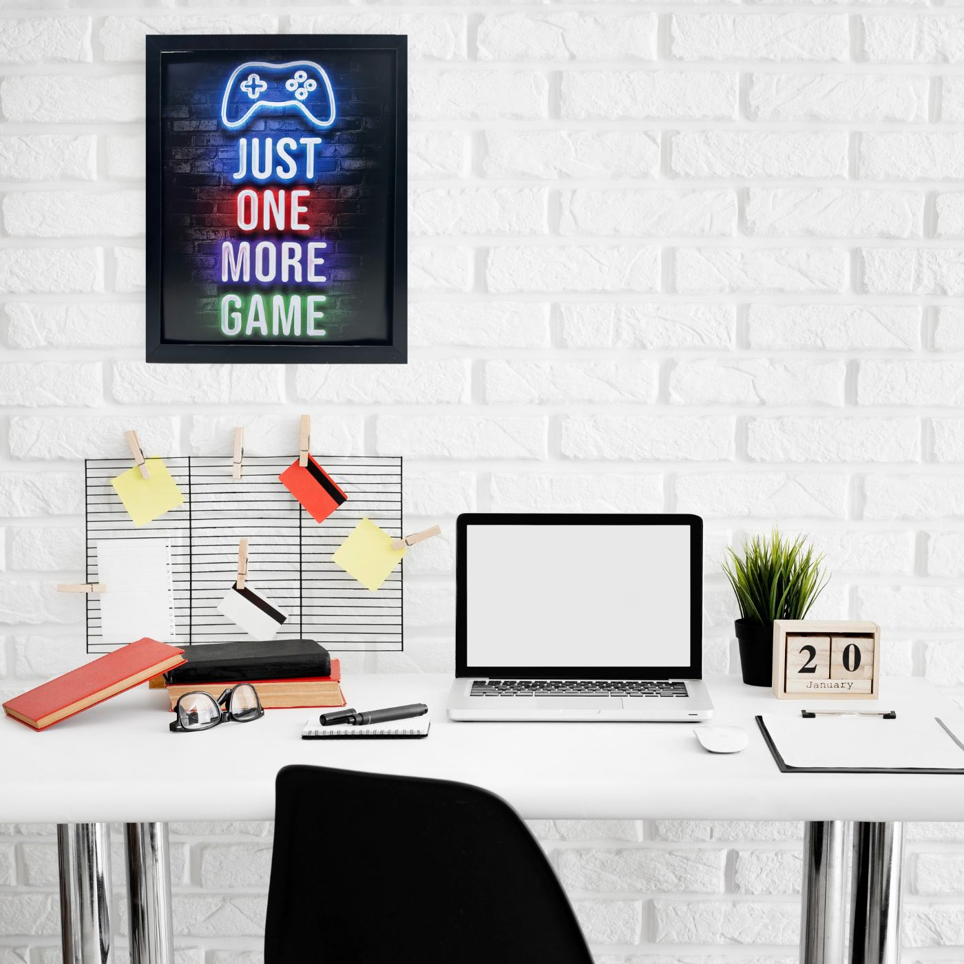 Vibrant Neon Game Wall Art with Frame - "Just One More Game"