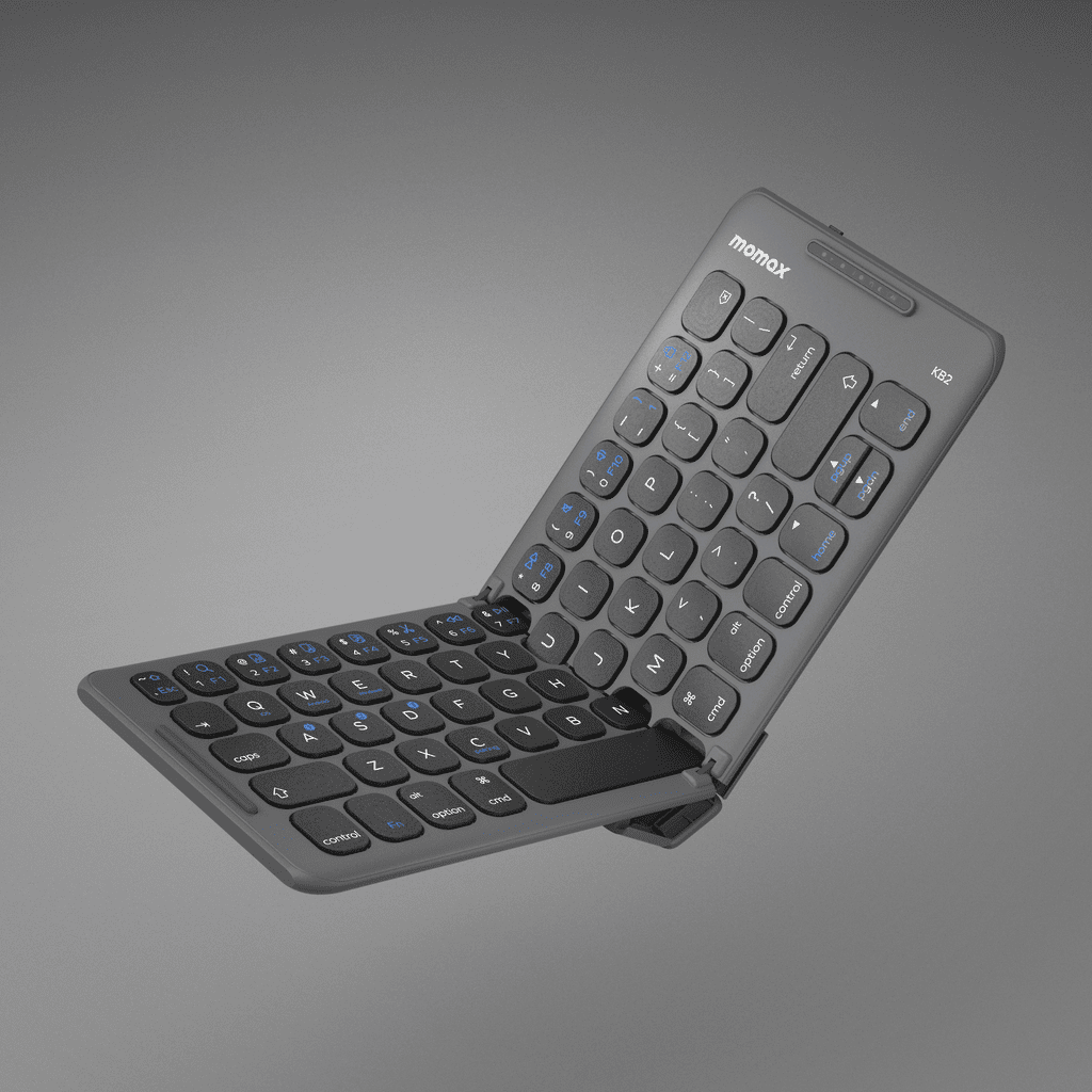 Foldable keyboard with 'momax' branding on a gray background