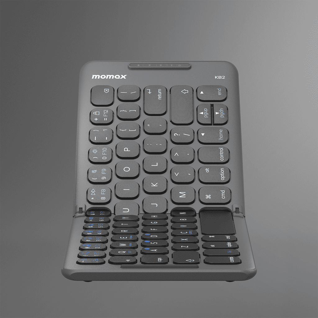 Black keyboard with 'momax' branding on a gray background
