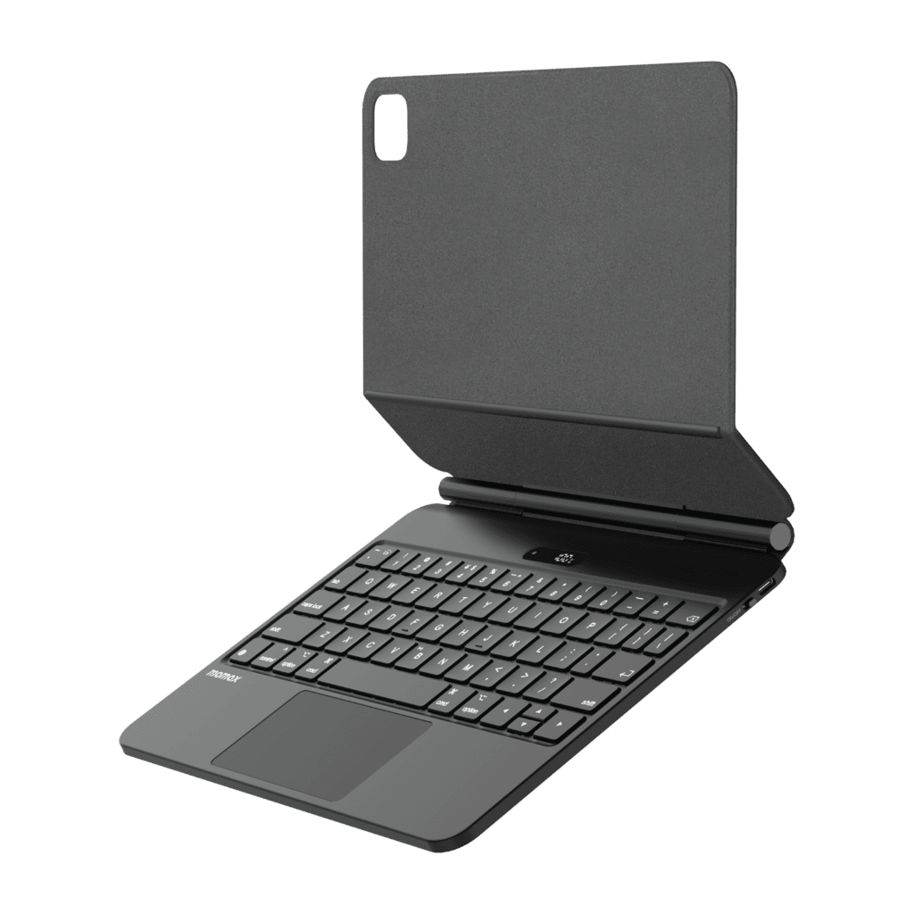 Black keyboard case with detachable keyboard on a transparent background