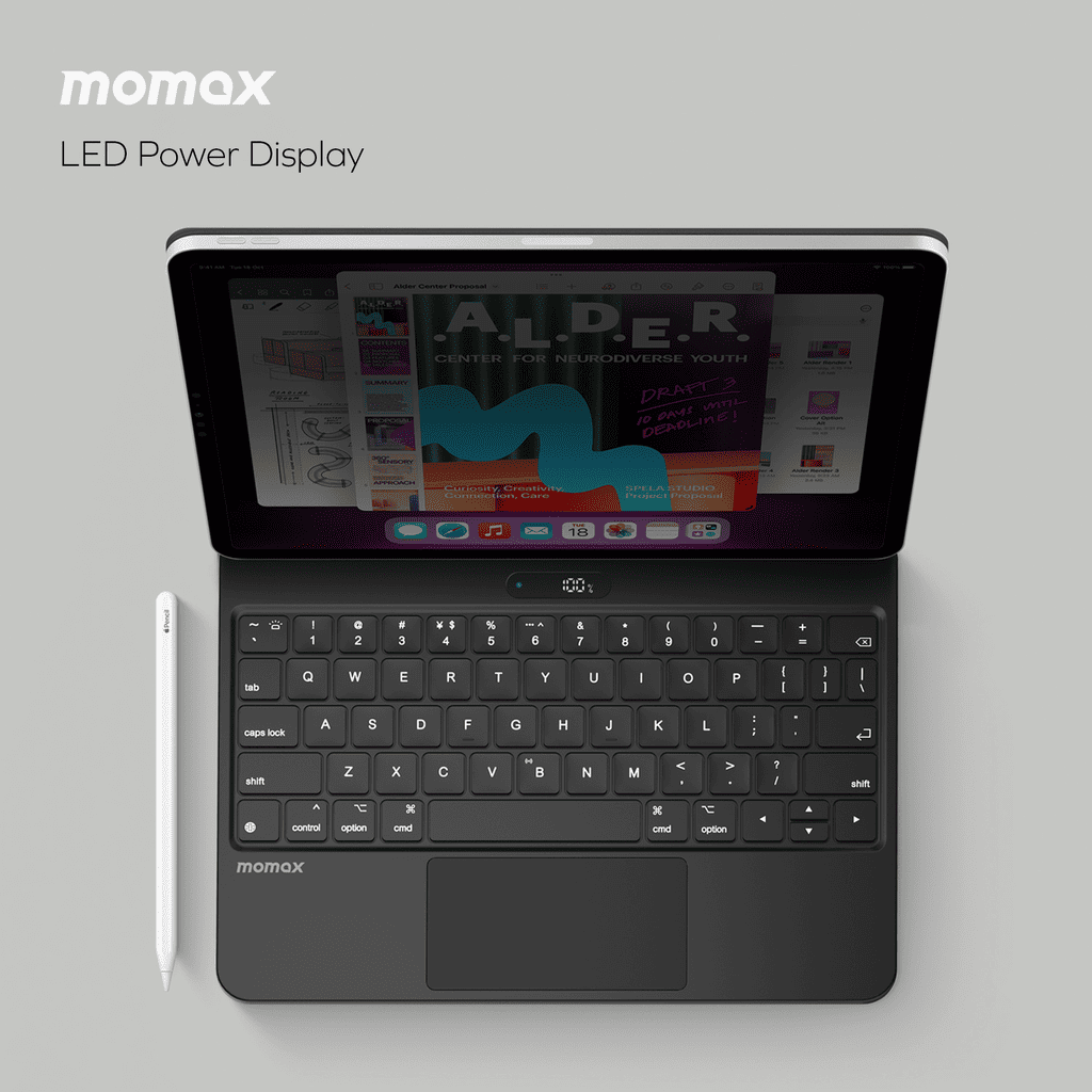 Tablet with keyboard cover and LED power display, featuring the Momax brand.