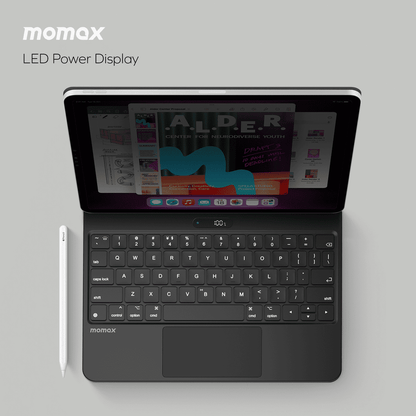 Tablet with keyboard cover and LED power display, featuring the Momax brand.