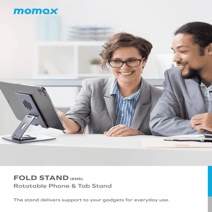 Two people using a foldable phone and tablet stand in an office setting, with Momax branding.