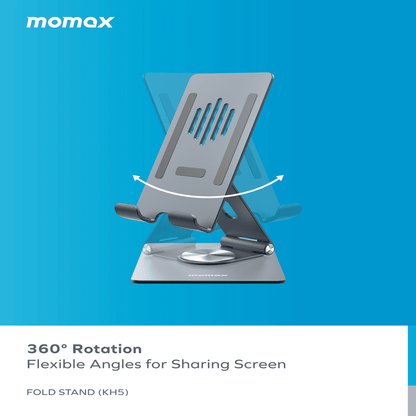 Momax fold stand with 360° rotation feature on a blue background