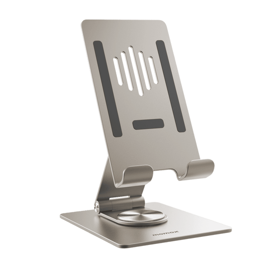 Silver phone stand with brand logo on a green background