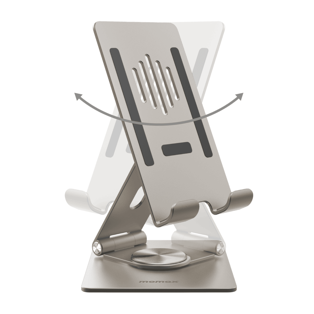 Silver phone stand with adjustable angles on a green background