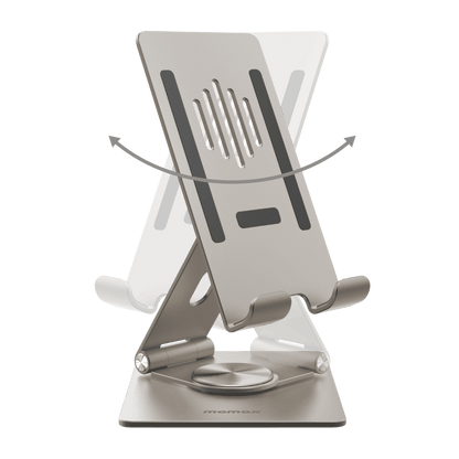 Silver phone stand with adjustable angles on a green background