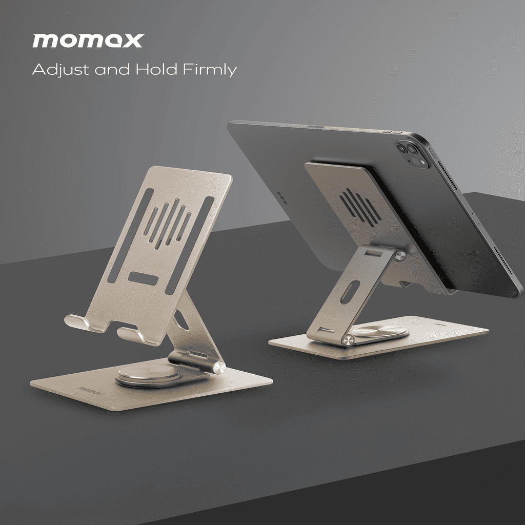 Metal tablet stand with妈咪爱 brand on a gray background