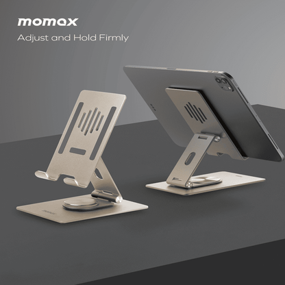 Metal tablet stand with妈咪爱 brand on a gray background