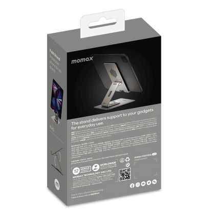 Momax tablet stand packaging with product image and text on a black background