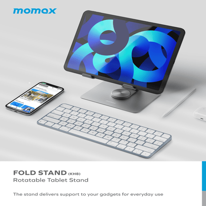 Fold stand with tablet, keyboard, and smartphone on a white background