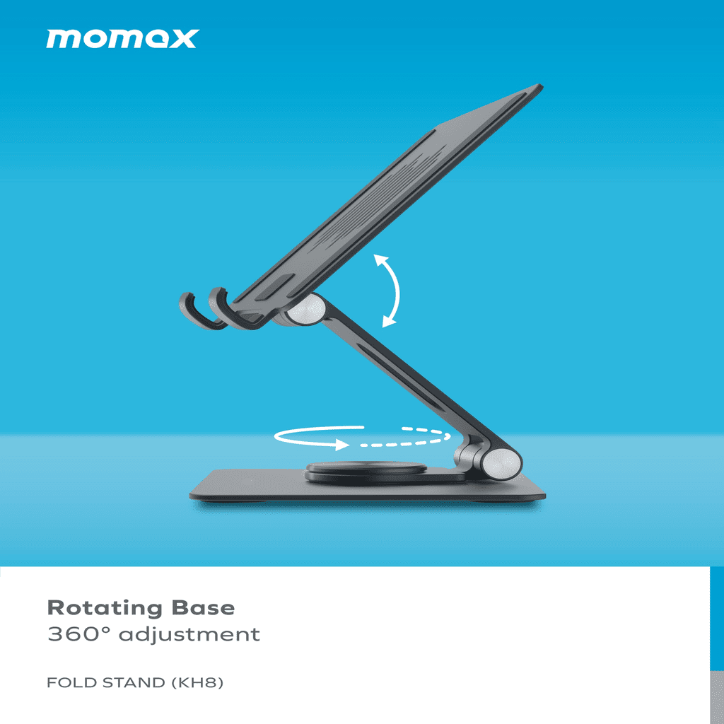 Momax fold stand with rotating base on a blue background