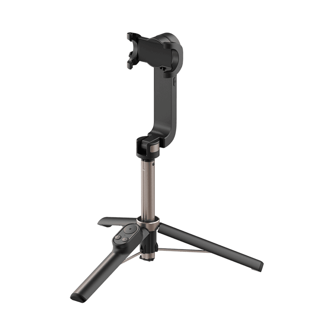 Black adjustable tripod stand on a transparent background