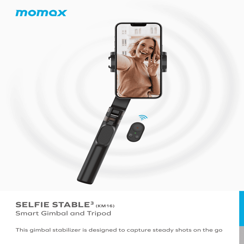 Smart gimbal and tripod with phone holder on a white background, featuring the Momax brand.
