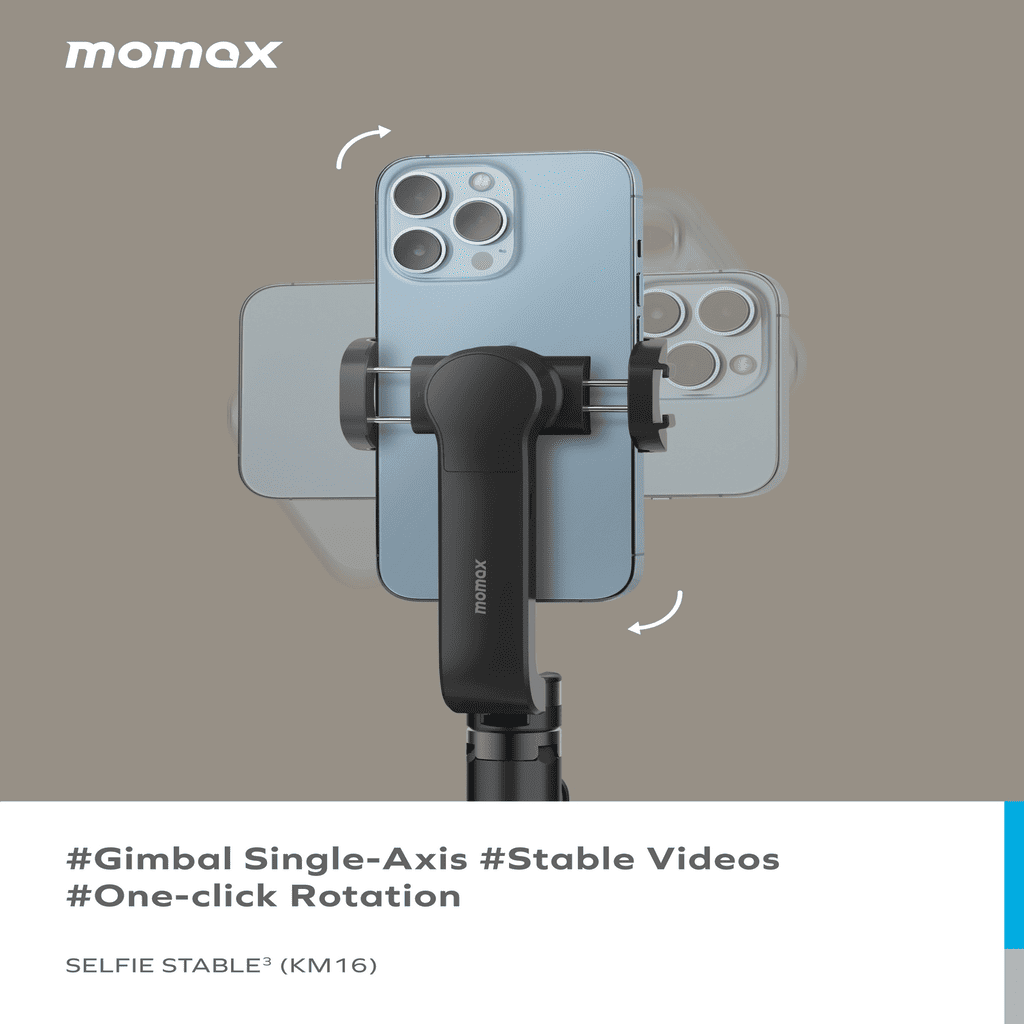 Momax phone gimbal stabilizer with smartphone attachment on a gray background
