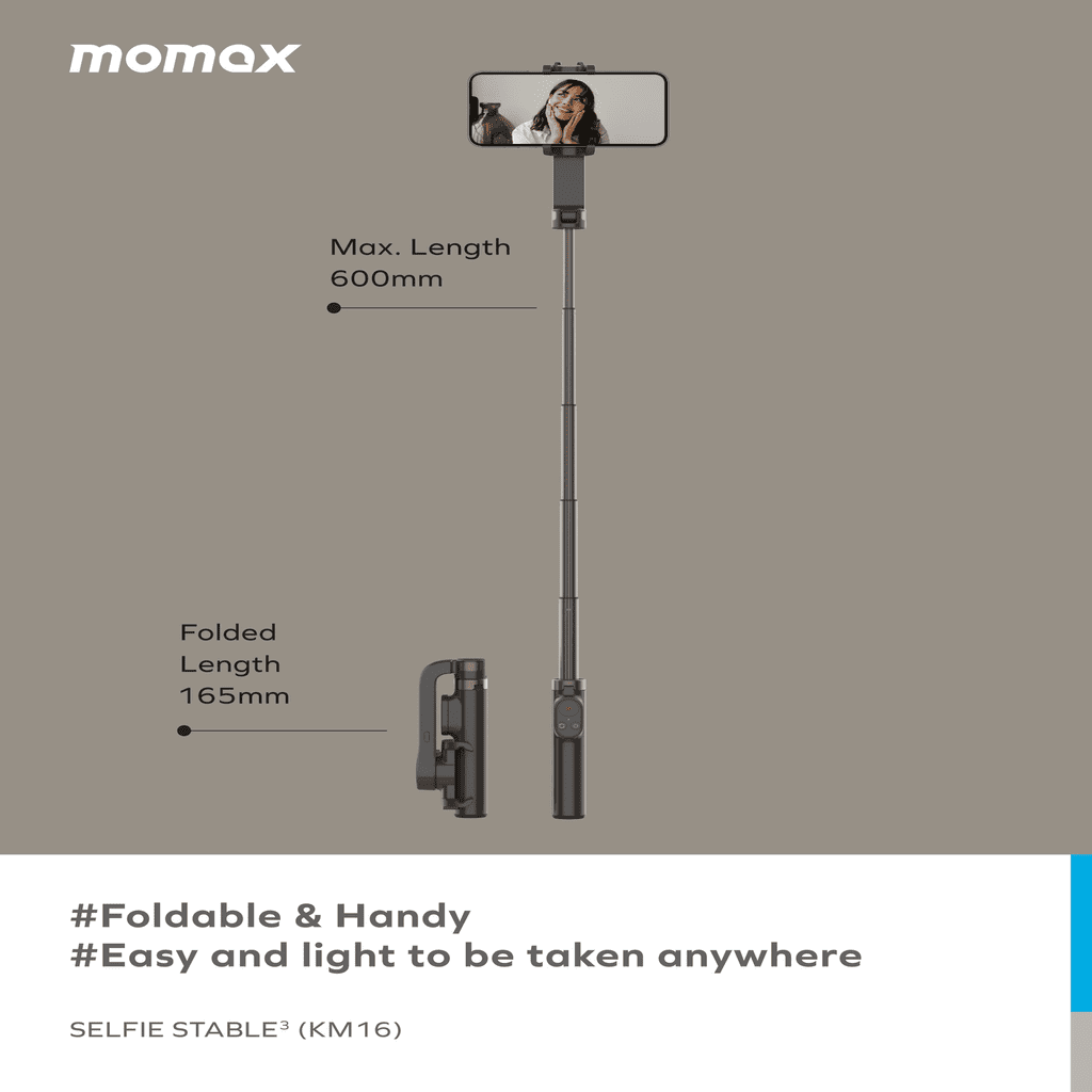 Momax selfie stick with dimensions and features on a gray background