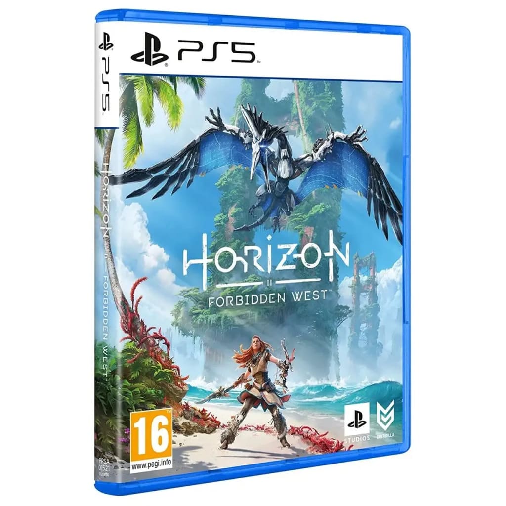 PlayStation 5 game case for 'Horizon Forbidden West' with a character and dragon illustration on a white background.