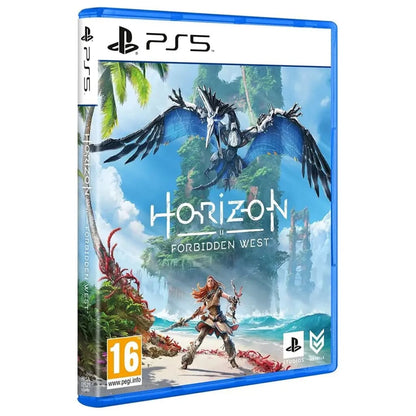 PlayStation 5 game case for 'Horizon Forbidden West' with a character and dragon illustration on a white background.