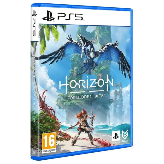 PlayStation 5 game case for 'Horizon Forbidden West' with a character and dragon illustration on a white background.