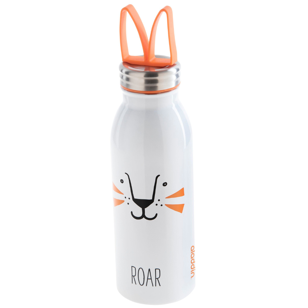 White water bottle with a cat face design and 'ROAR' text on a white background
