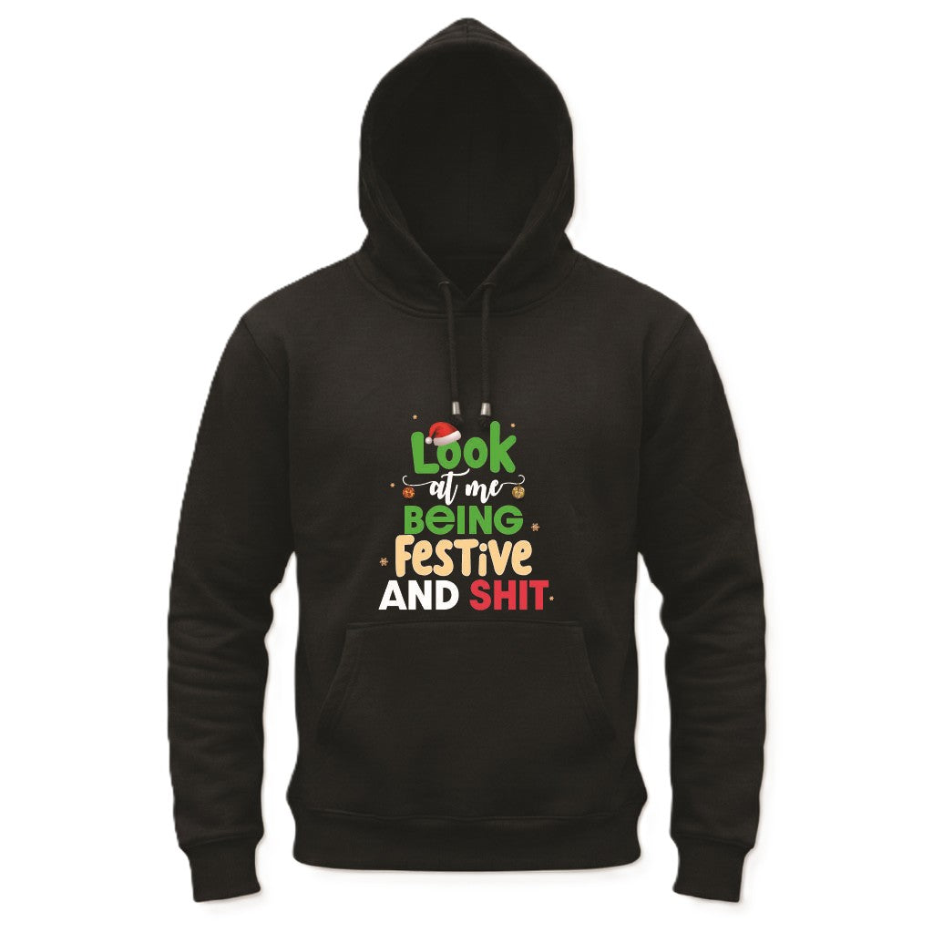 Black hoodie with colorful text design on a white background