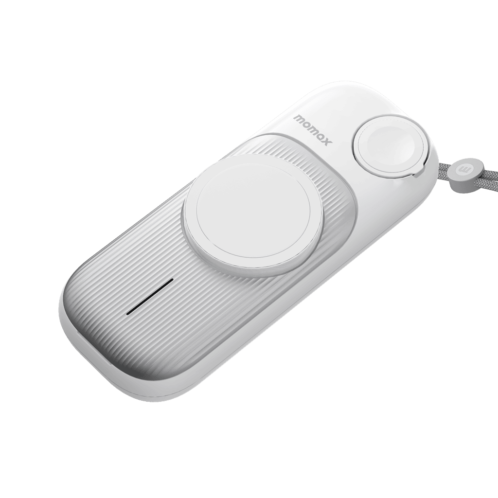White power bank with 'momax' branding on a transparent background