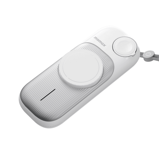 White power bank with 'momax' branding on a transparent background