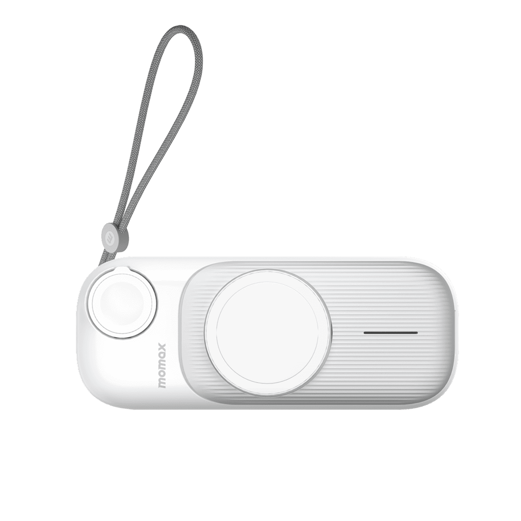White portable device with a gray strap on a transparent background