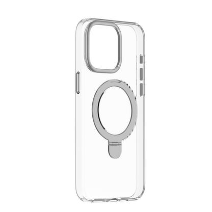 Clear flip magnetic case for iPhone 15 Pro with a MagSafe charging circle at the back, showing the camera and volume buttons protected by the case.
