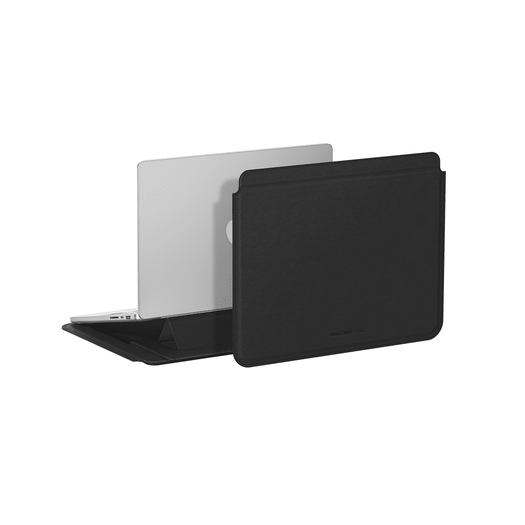 Black laptop sleeve with a clear plastic cover on a white background